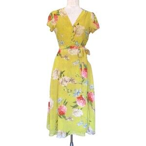 YUMI KIM Forever Yours Yellow Spin Me Around Wrap Midi Dress XS Women Floral Prt